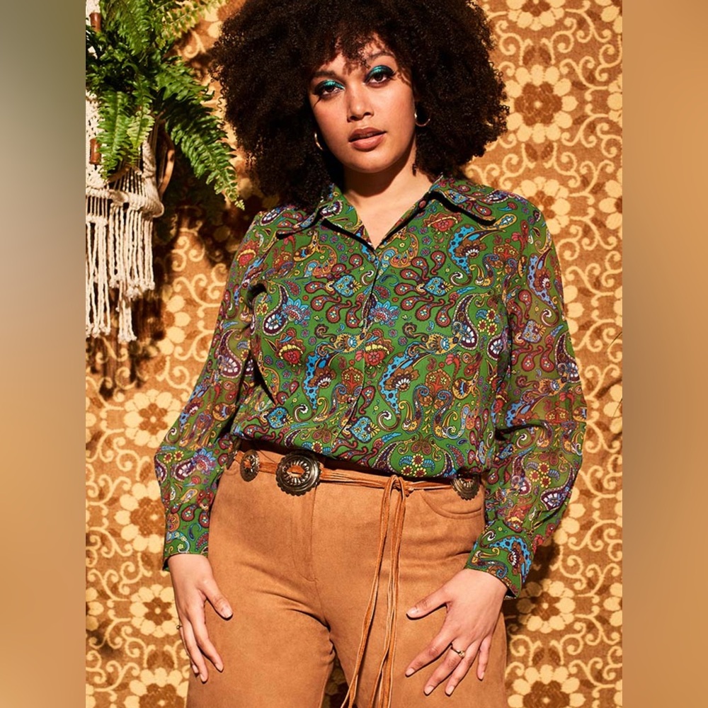 Hippie Shake Viola Lee Green Paisley Sheer Blouse NEW